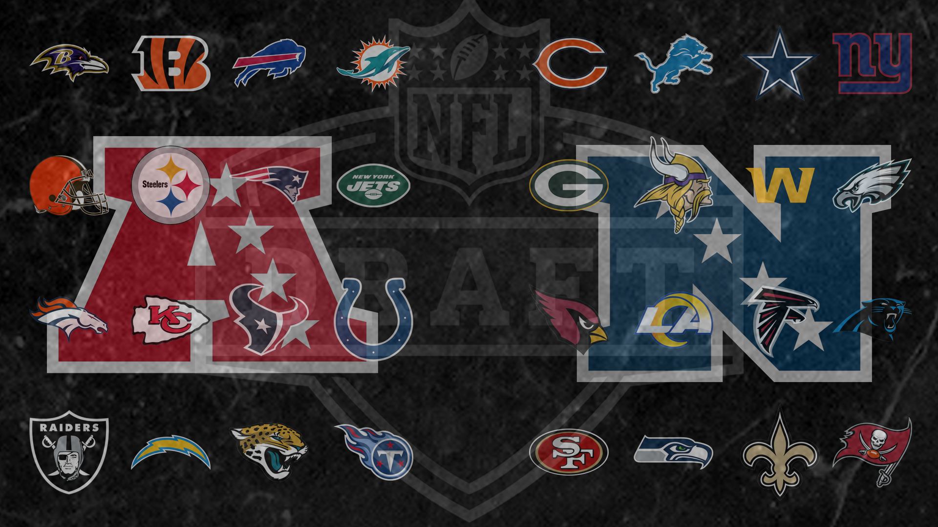 NFL Draft image with all 32 teams and both conference logos